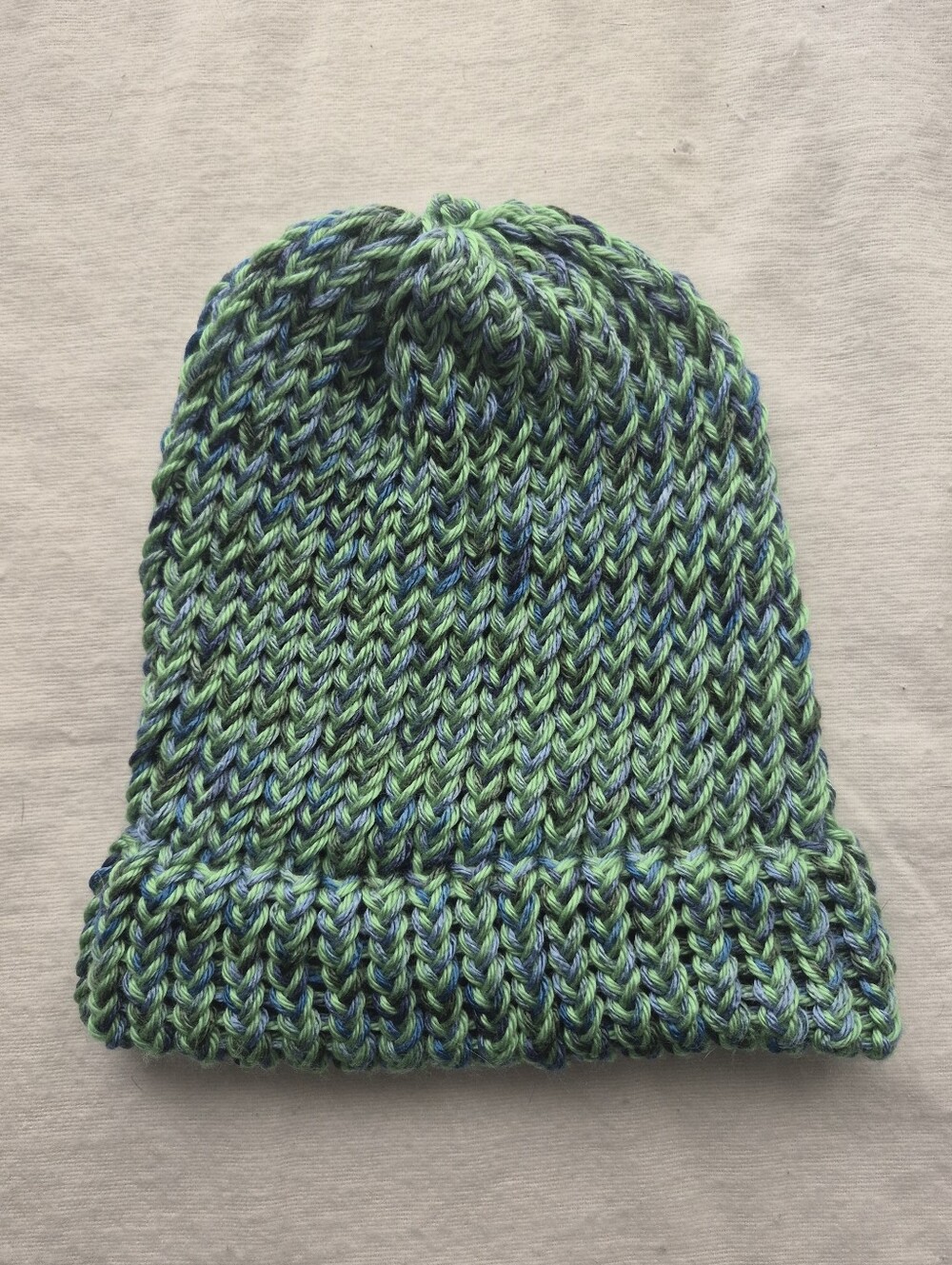 Handmade Knit Beanie in Green Blue Mixed Yarn